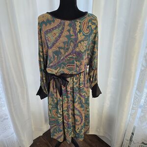 True Vintage Deadstock 70s Paisley Dress Long Sleeve Satin Sash 12 Womens Hippie